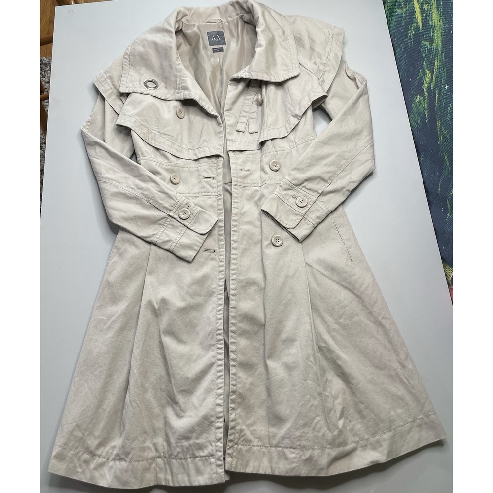 Armani Exchange Trench Coat Women XS Beige Double Breasted Pleated Fit & Flare